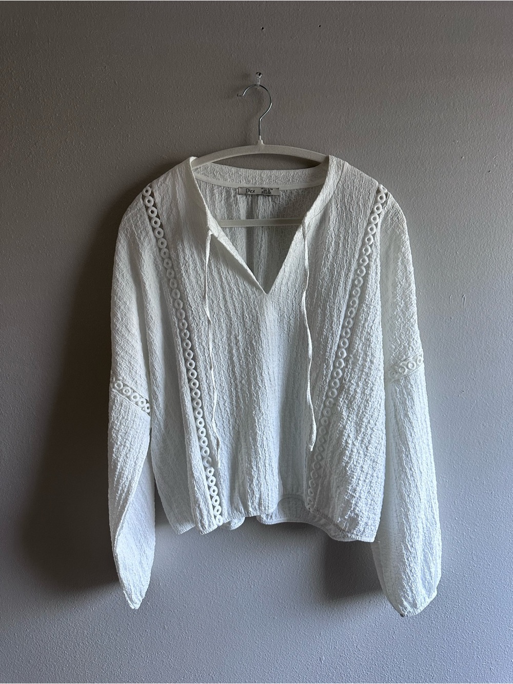 Dex White Boho Textured Blouse Long Sleeve V-Neck Crochet Trim Tunic Top XL